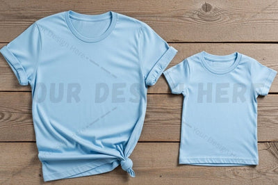Light blue t-shirt mockup design for adult and child Mock Up Photo Regulrcrative 