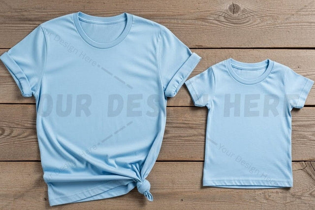 Light blue t-shirt mockup design for adult and child Mock Up Photo Regulrcrative 