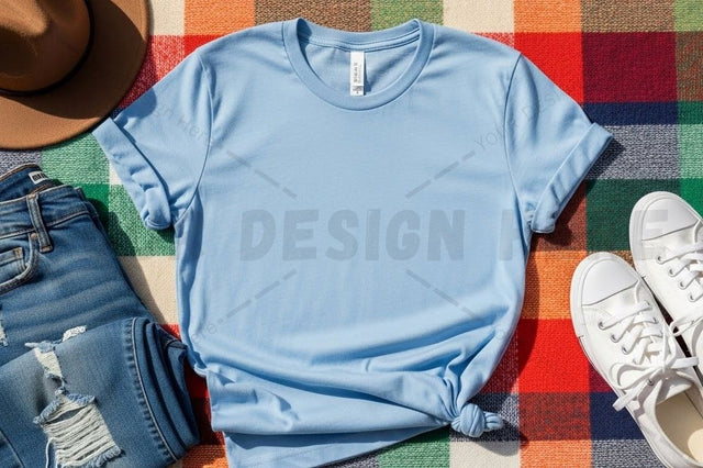Light blue t-shirt mockup with casual outfit Mock Up Photo Designangry 