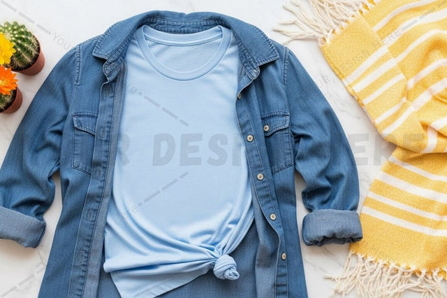 Light blue t-shirt mockup with denim jacket Mock Up Photo Regulrcrative 