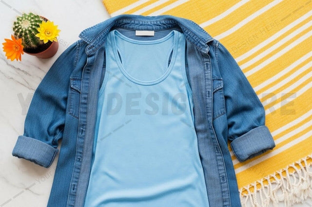 Light blue t-shirt mockup with denim jacket Mock Up Photo Regulrcrative 