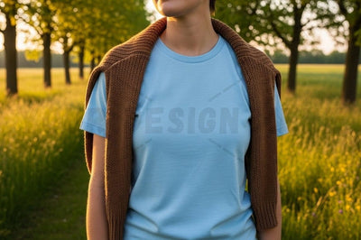 Light blue t-shirt with brown knitted vest Mock Up Photo Designangry 