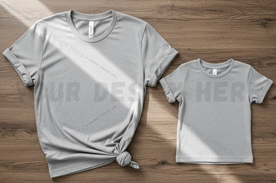 Light gray t-shirt mockup design for adult and child Mock Up Photo Regulrcrative 