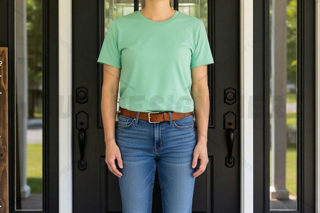 Light green t-shirt and blue jeans outfit Mock Up Photo Designangry 