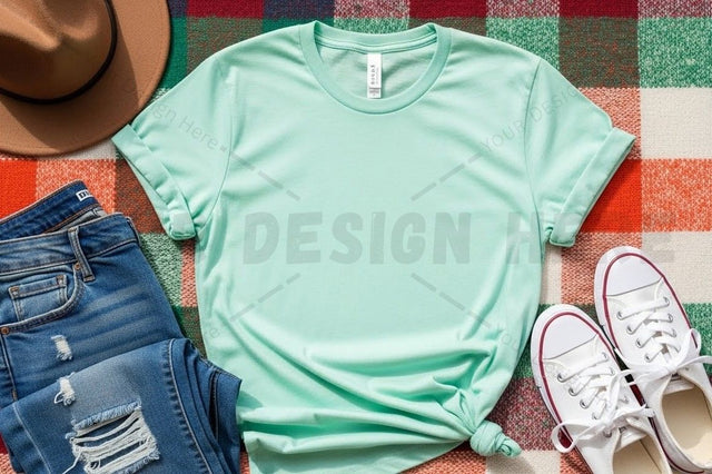 Light green t-shirt mockup design with casual outfit Mock Up Photo Designangry 