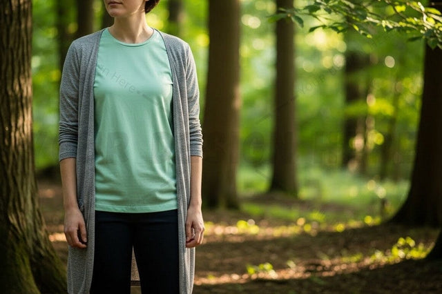 Light green t-shirt with long gray cardigan in forest setting Mock Up Photo Designangry 