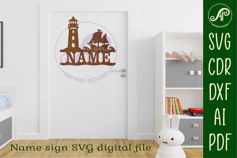 Lighthouse and ship personalized name sign laser cut SVG APInspireddesigns 