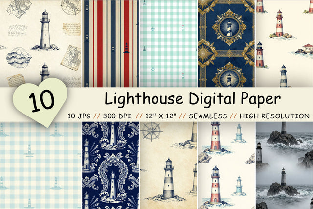 Lighthouse Digital Paper Pack, Coastal Beacon Seamless Patterns, Ocean Cliffs & Nautical Printable Crafts Digital Pattern FloridPrintables 