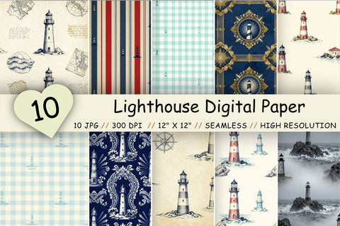 Lighthouse Digital Paper Pack, Coastal Beacon Seamless Patterns, Ocean Cliffs & Nautical Printable Crafts Digital Pattern FloridPrintables 