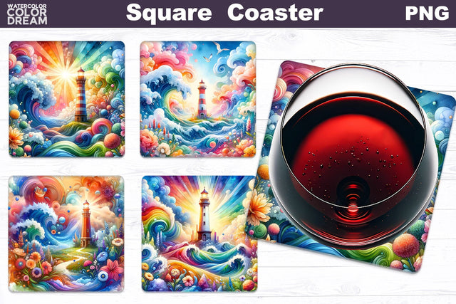 Lighthouse Flowers Square Coaster | Ocean Square Coaster Sublimation WatercolorColorDream 