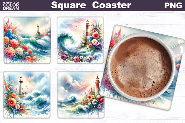 Lighthouse Flowers Square Coaster | Ocean Square Coaster Sublimation WatercolorColorDream 