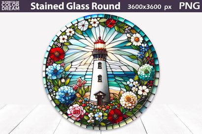 Lighthouse Stained Glass Round Design | Lighthouse Sublimation Sublimation WatercolorColorDream 