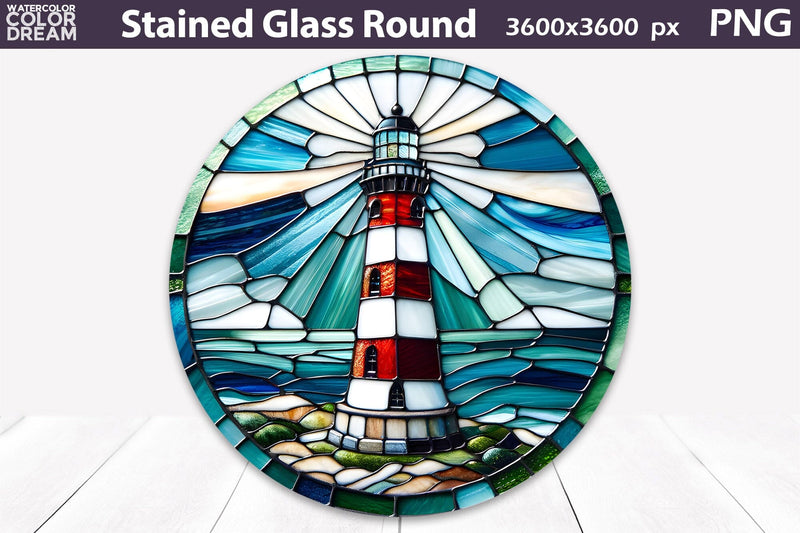 Lighthouse Stained Glass Round Design | Lighthouse Sublimation Sublimation WatercolorColorDream 