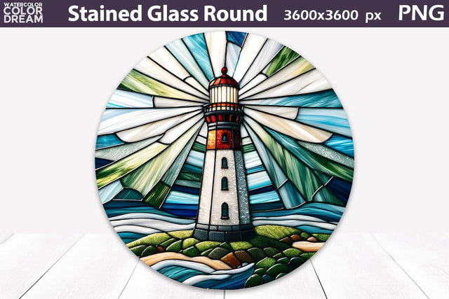 Lighthouse Stained Glass Round Design | Lighthouse Sublimation Sublimation WatercolorColorDream 
