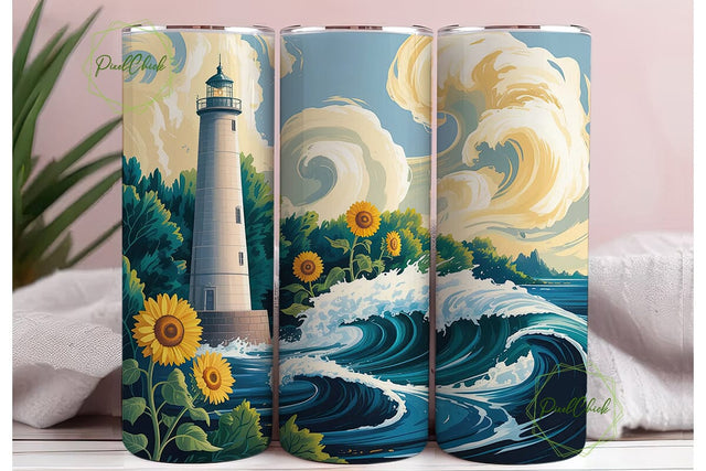 Lighthouse Sunflower Waves Tumbler Wrap Sublimation PixelChick 