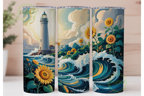 Lighthouse Sunflower Waves Tumbler Wrap Sublimation PixelChick 