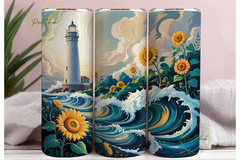 Lighthouse Sunflower Waves Tumbler Wrap Sublimation PixelChick 