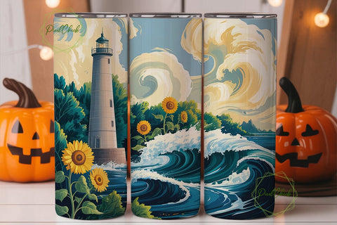 Lighthouse Sunflower Waves Tumbler Wrap Sublimation PixelChick 