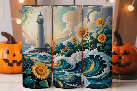 Lighthouse Sunflower Waves Tumbler Wrap Sublimation PixelChick 