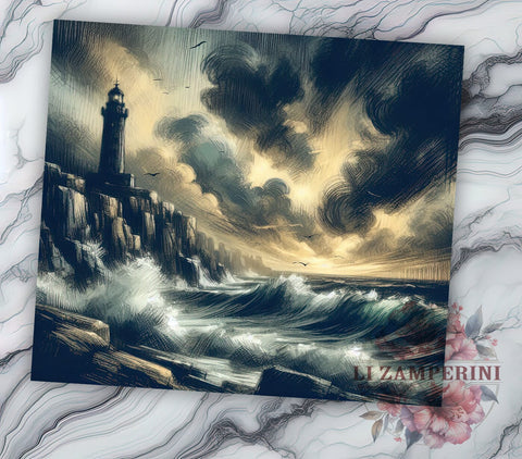 Lighthouse Tumbler, Stormy Sea Design, Nautical Drinkware, 20oz Tumbler, Sublimation Wrap, Ocean Decor, Coastal Gifts Sublimation Li Zamperini 