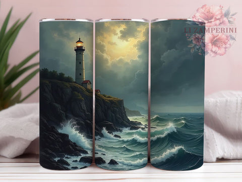 Lighthouse Tumbler, Stormy Sea Design, Nautical Drinkware, 20oz Tumbler, Sublimation Wrap, Ocean Decor, Coastal Gifts Sublimation Li Zamperini 
