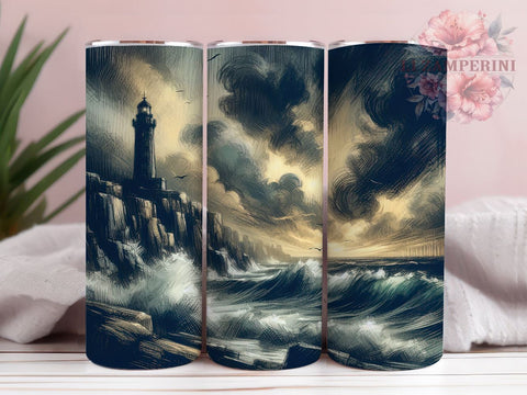 Lighthouse Tumbler, Stormy Sea Design, Nautical Drinkware, 20oz Tumbler, Sublimation Wrap, Ocean Decor, Coastal Gifts Sublimation Li Zamperini 