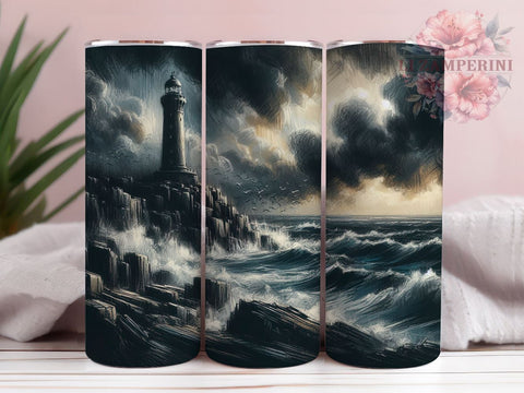 Lighthouse Tumbler, Stormy Sea Design, Nautical Drinkware, 20oz Tumbler, Sublimation Wrap, Ocean Decor, Coastal Gifts Sublimation Li Zamperini 