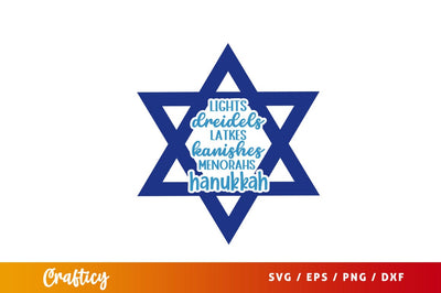 Lights dreidels latkes kanishes menorahs hanukkah Svg Design SVG Designangry 