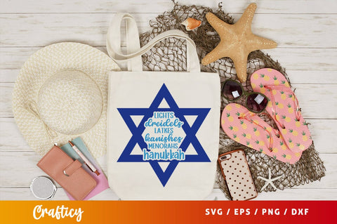 Lights dreidels latkes kanishes menorahs hanukkah Svg Design SVG Designangry 
