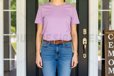 Lilac t-shirt and blue jeans outfit Mock Up Photo Designangry 