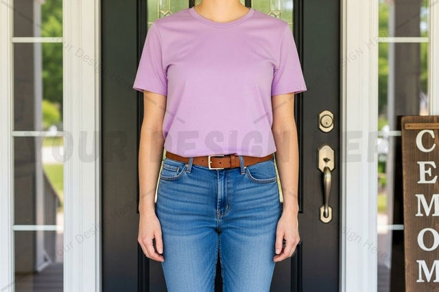 Lilac t-shirt and blue jeans outfit Mock Up Photo Designangry 