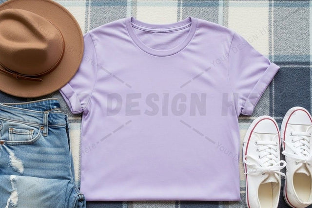 Lilac t-shirt mockup design with accessories Mock Up Photo Designangry 
