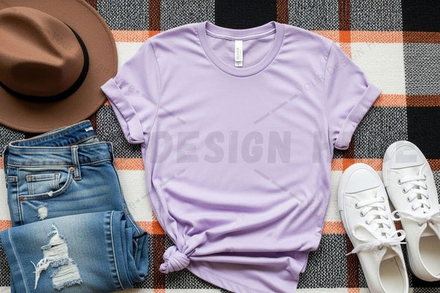 Lilac t-shirt mockup design with casual outfit Mock Up Photo Designangry 