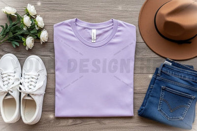Lilac t-shirt mockup with accessories Mock Up Photo Regulrcrative 