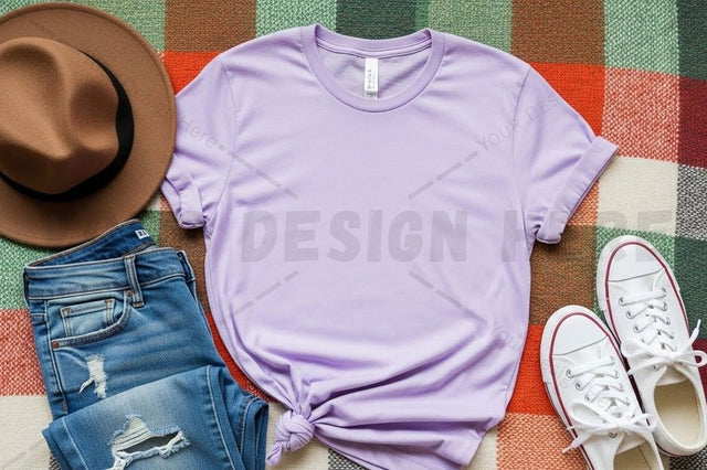 Lilac t-shirt mockup with casual accessories Mock Up Photo Designangry 