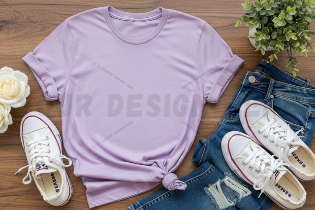 Lilac t-shirt mockup with casual outfit Mock Up Photo Regulrcrative 