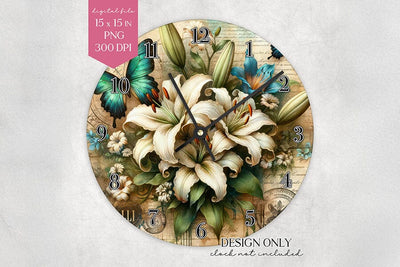 Lily Butterfly Clock Face PNG Vintage Floral Wall Clock Sublimation BijouBay 