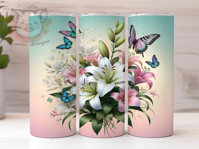 Lily Butterfly Spring Tumbler, Spring Tumbler, Butterfly Flowers, Floral Tumbler, 20oz Sublimation, Nature Tumbler, Springtime Tumbler Sublimation Lara' s Designs 