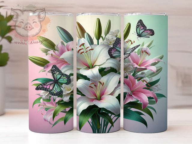 Lily Butterfly Spring Tumbler, Spring Tumbler, Butterfly Flowers, Floral Tumbler, 20oz Sublimation, Nature Tumbler, Springtime Tumbler Sublimation Lara' s Designs 