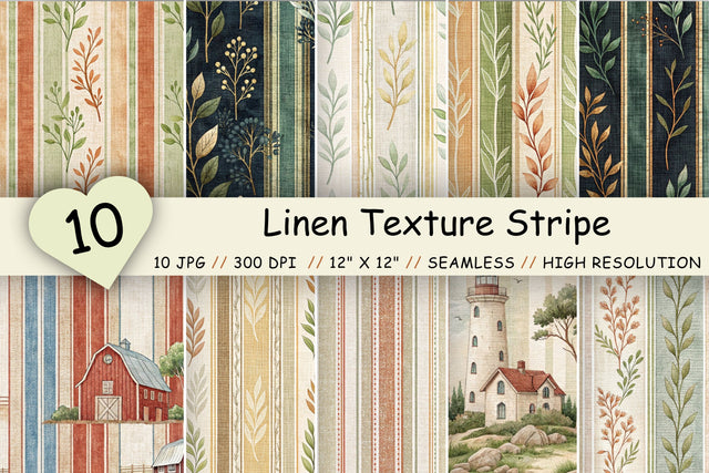 Linen Texture Stripe Digital Paper, Seamless Watercolor Pattern Bundle, Printable Scrapbook Paper, Natural Farmhouse Design Collection Digital Pattern FloridPrintables 