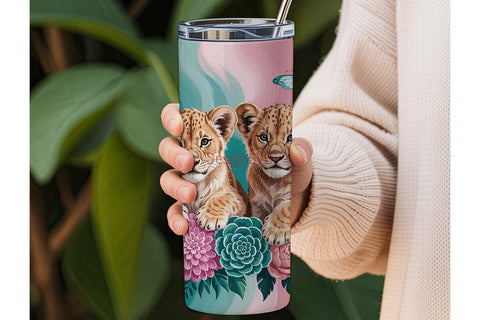 Lion Cubs Floral Tumbler Wrap Sublimation DesignSVG 