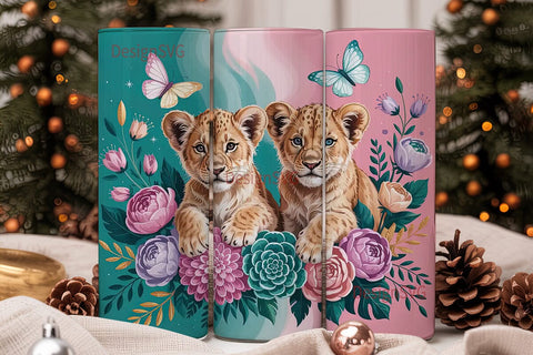 Lion Cubs Floral Tumbler Wrap Sublimation DesignSVG 