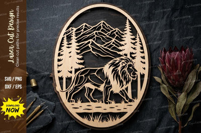 Lion Forest Frame laser Cut svg Cutting file , lion forest svg, lion landscape frame svg SVG Regulrcrative 
