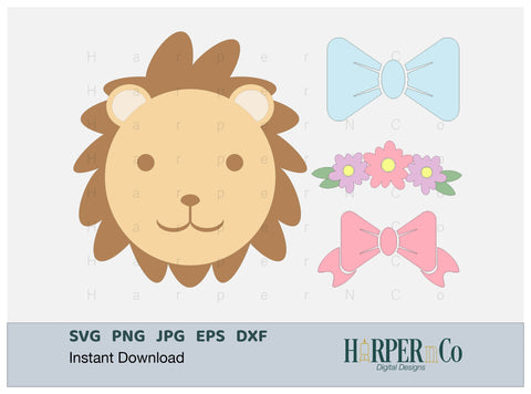 Lion with Bows and Flowers SVG PNG Cut EPS File SVG HarperNCo 