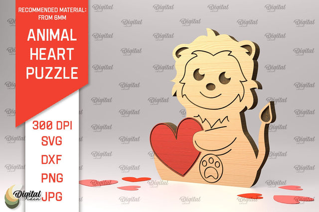 Lion Wooden Puzzle Laser Cut. Animal Heart Puzzle SVG SVG Evgenyia Guschina 