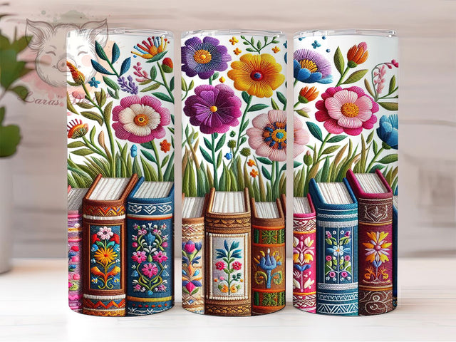 Literary Floral Book Lover Tumbler Wrap, Embroidered Book Art, Literary Floral Cup, Bookworm Pattern Gift, Library Flower Design, Reader Gift Tumbler, Book Club Pattern Sublimation Lara' s Designs 