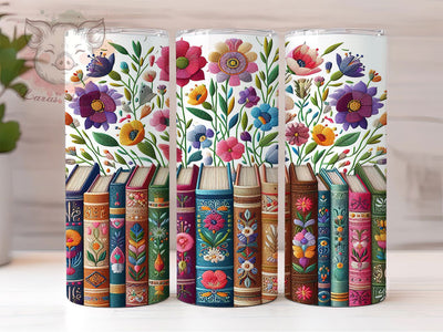 Literary Floral Book Lover Tumbler Wrap, Embroidered Book Art, Literary Floral Cup, Bookworm Pattern Gift, Library Flower Design, Reader Gift Tumbler, Book Club Pattern Sublimation Lara' s Designs 