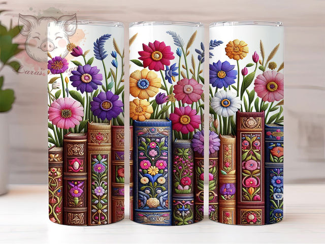Literary Floral Book Lover Tumbler Wrap, Embroidered Book Art, Literary Floral Cup, Bookworm Pattern Gift, Library Flower Design, Reader Gift Tumbler, Book Club Pattern Sublimation Lara' s Designs 