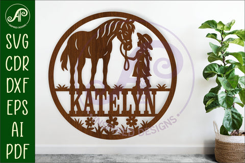 Little cowgirl and horse name sign svg laser cut template SVG APInspireddesigns 