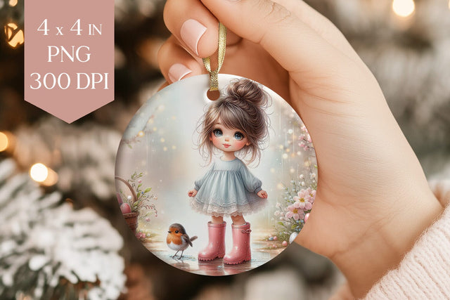 Little Girl and Robin in Spring PNG Sublimation BijouBay 